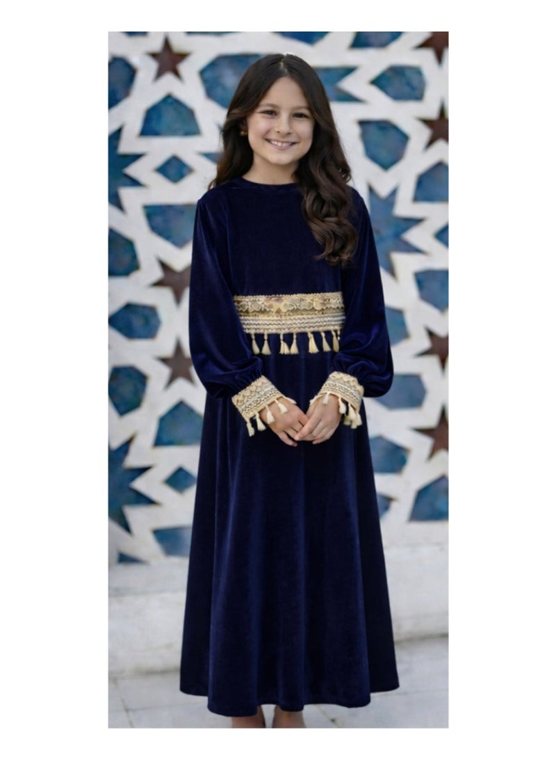 Girls Velvet Ramadan Dress with Separate Tassel Trim, Long Sleeve Islamic Abaya, Traditional Modest Maxi Dress for Kids - Image 2